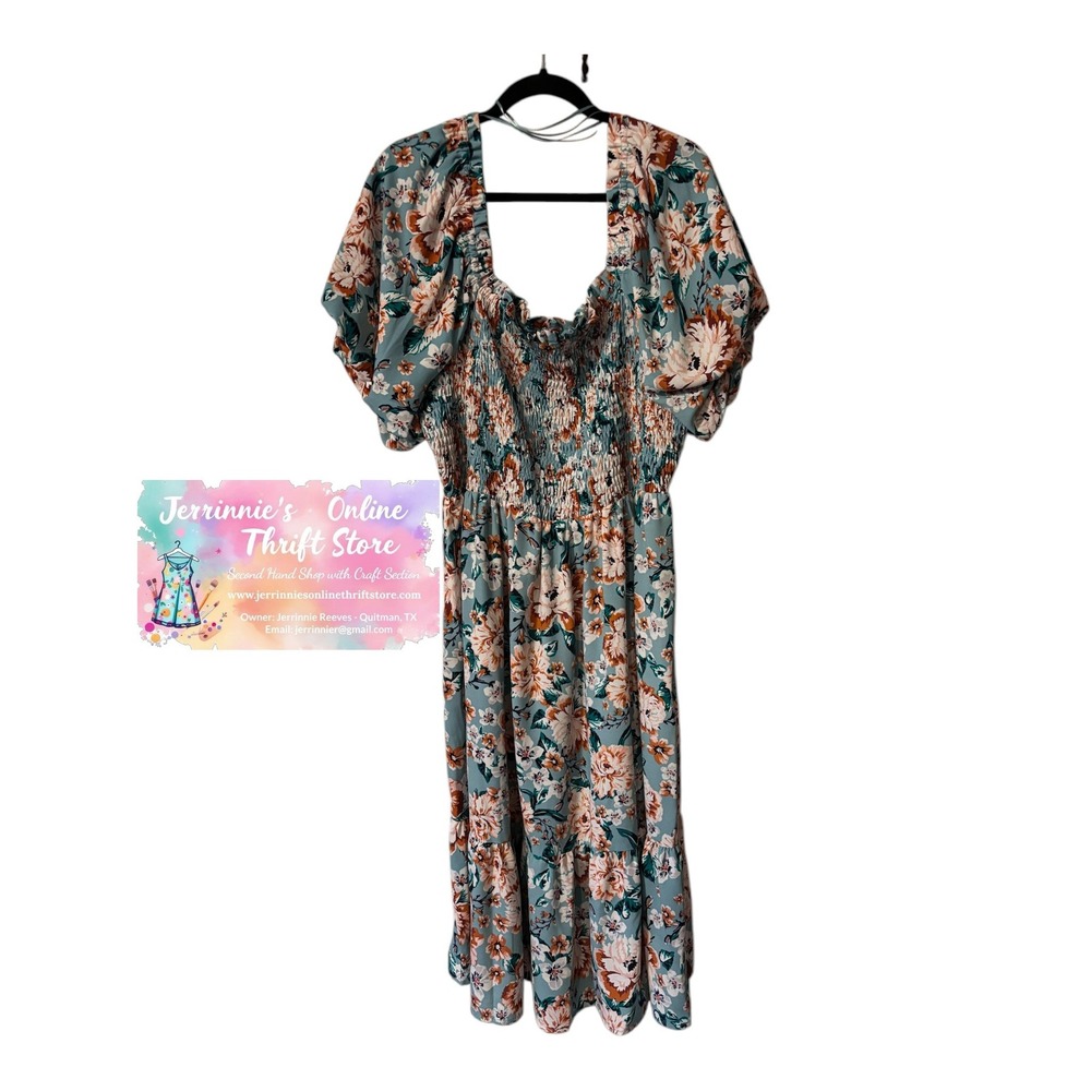 LC Lauren Conrad Floral Dress Womens Plus 1X Teal Puff Sleeve Tiered - Picture 2 of 5